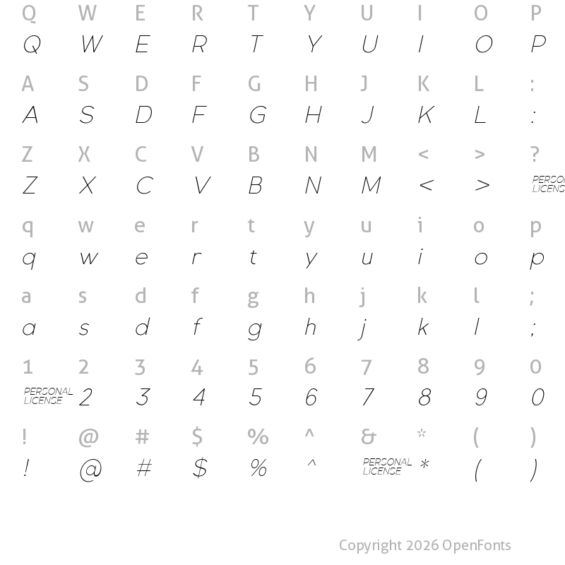 Character Map of Gexo Sans Thin Italic