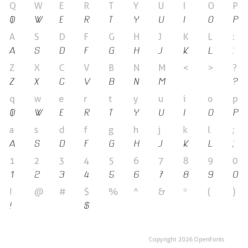 Character Map of Gigantesque Light Italic