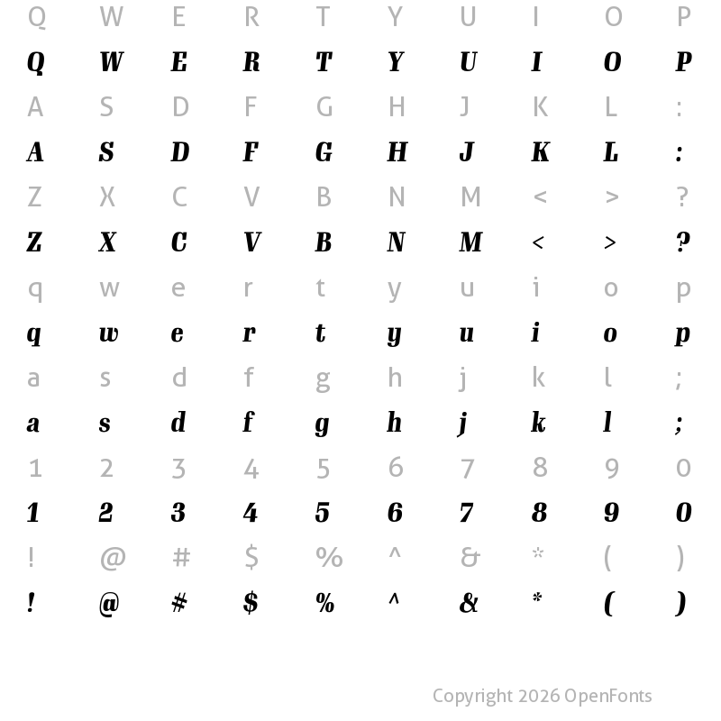 Character Map of Gimlet Display Condensed Bold Italic