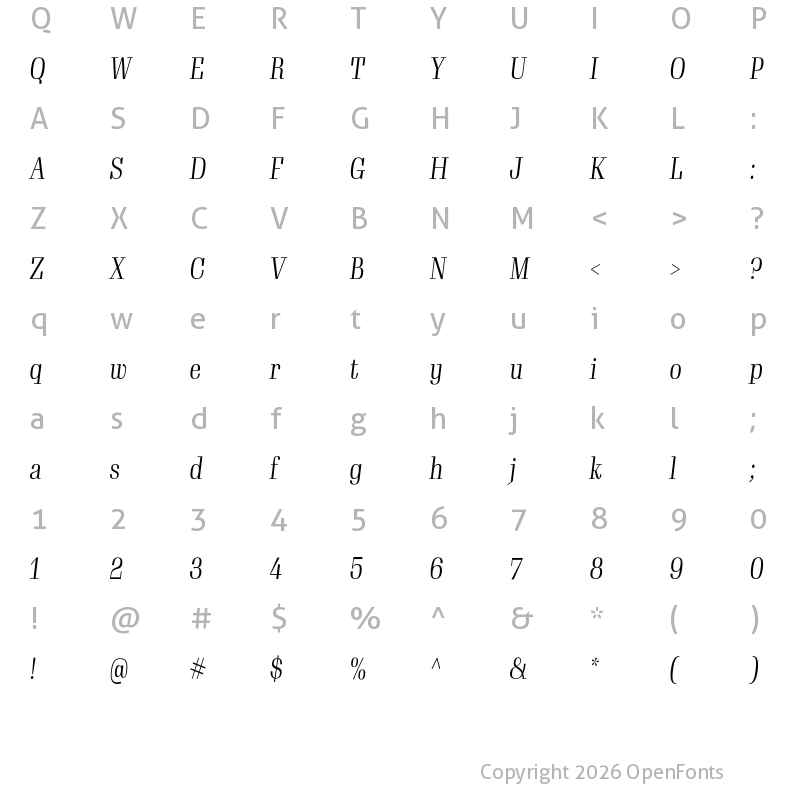 Character Map of Gimlet Display Condensed Light Italic