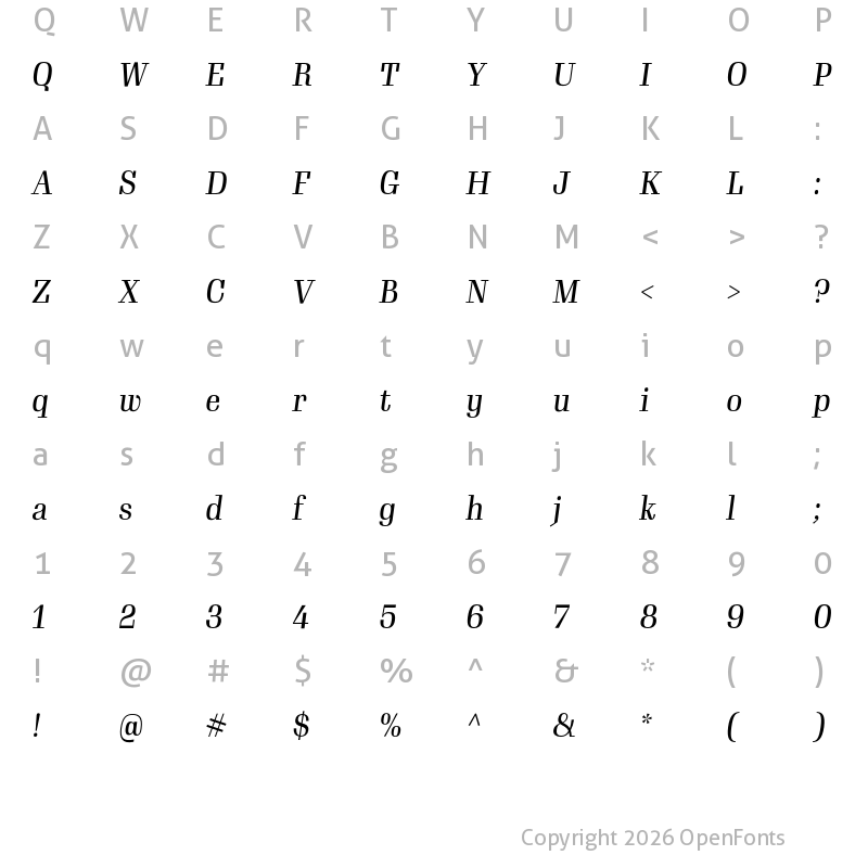 Character Map of Gimlet Display Narrow Italic
