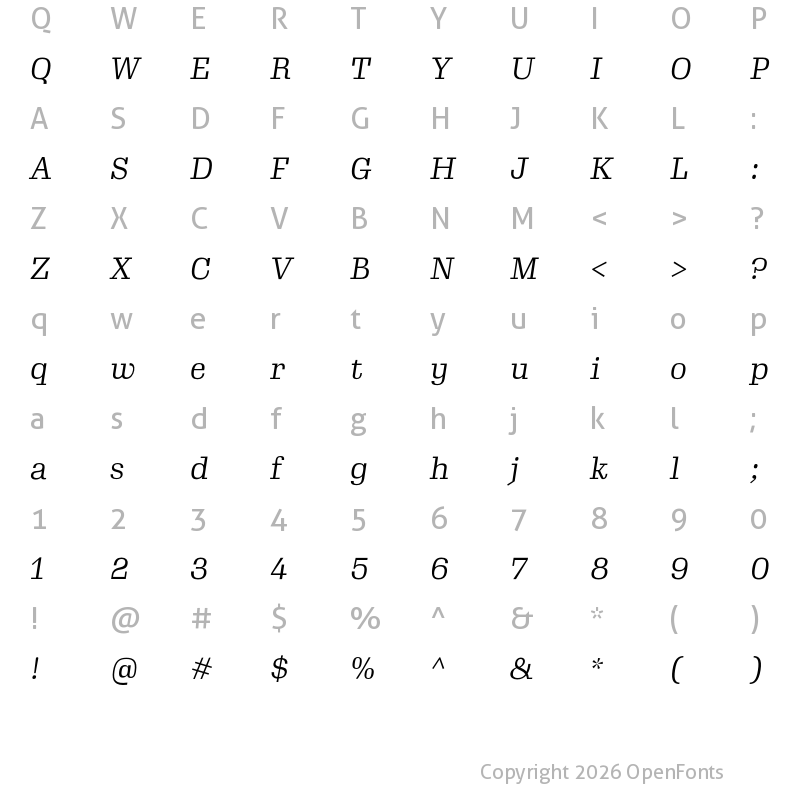 Character Map of Gimlet Micro Light Italic