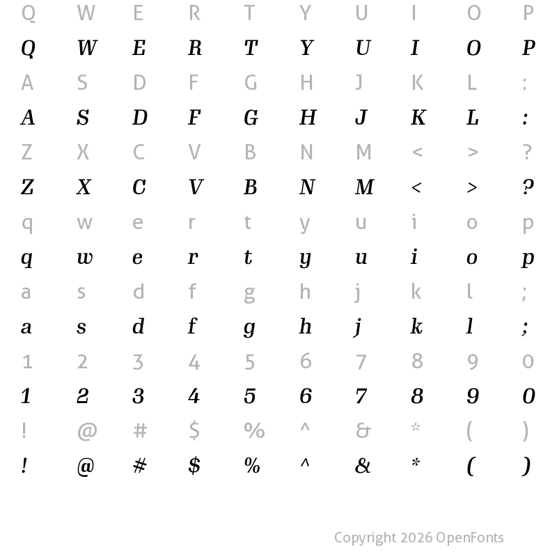 Character Map of Gimlet Text Narrow Medium Italic