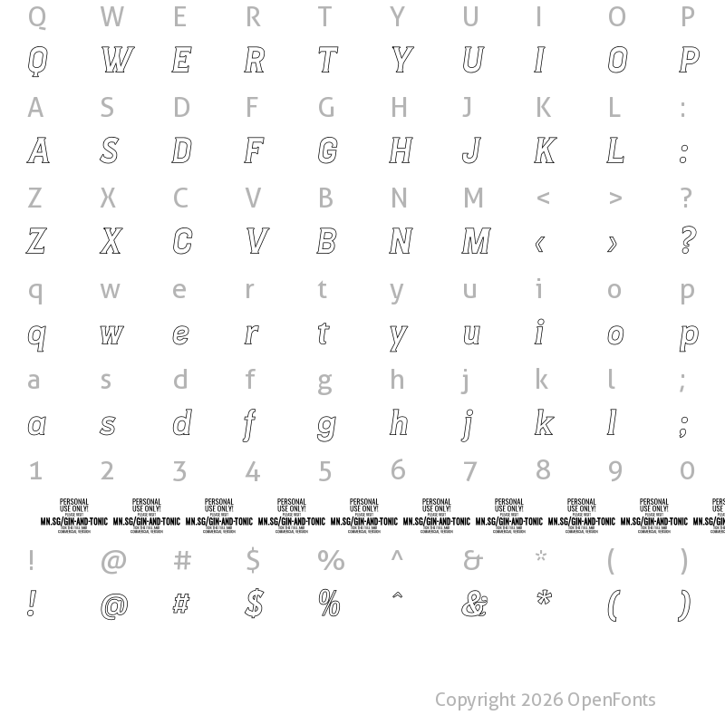 Character Map of Gin And Tonic Out PERSONAL Italic