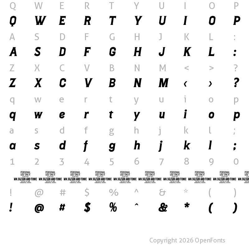 Character Map of Gin And Tonic PERSONAL USE Italic