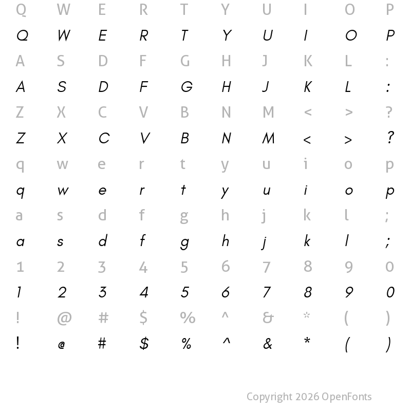 Character Map of Glacial Indifference Italic