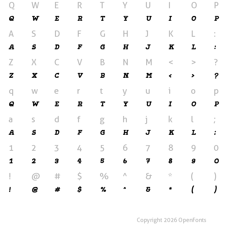 Character Map of Gliny Hand Slab Rasp Italic