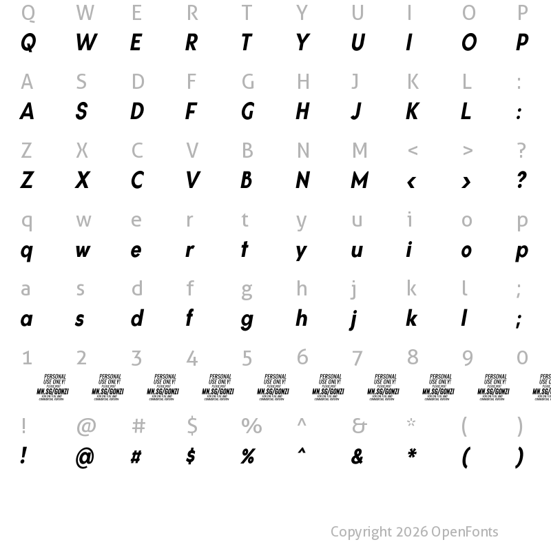 Character Map of Gonzi Condensed PERSONAL USE Bold Italic