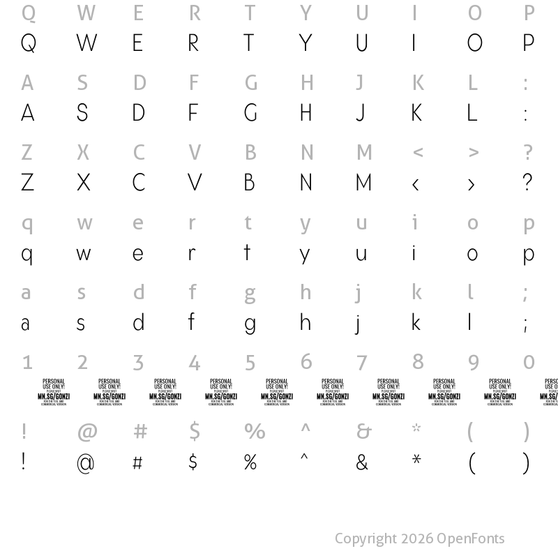 Character Map of Gonzi Condensed PERSONAL USE Light