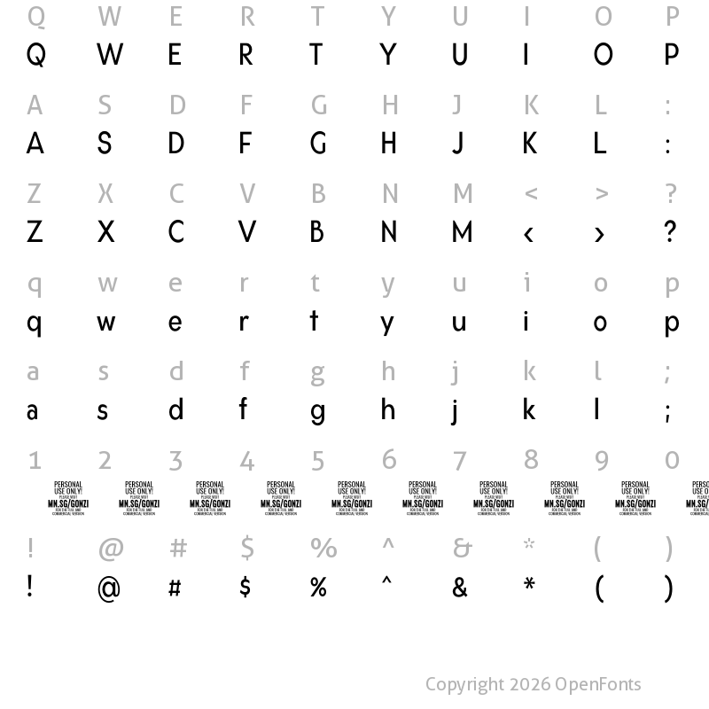 Character Map of Gonzi Condensed PERSONAL USE Regular