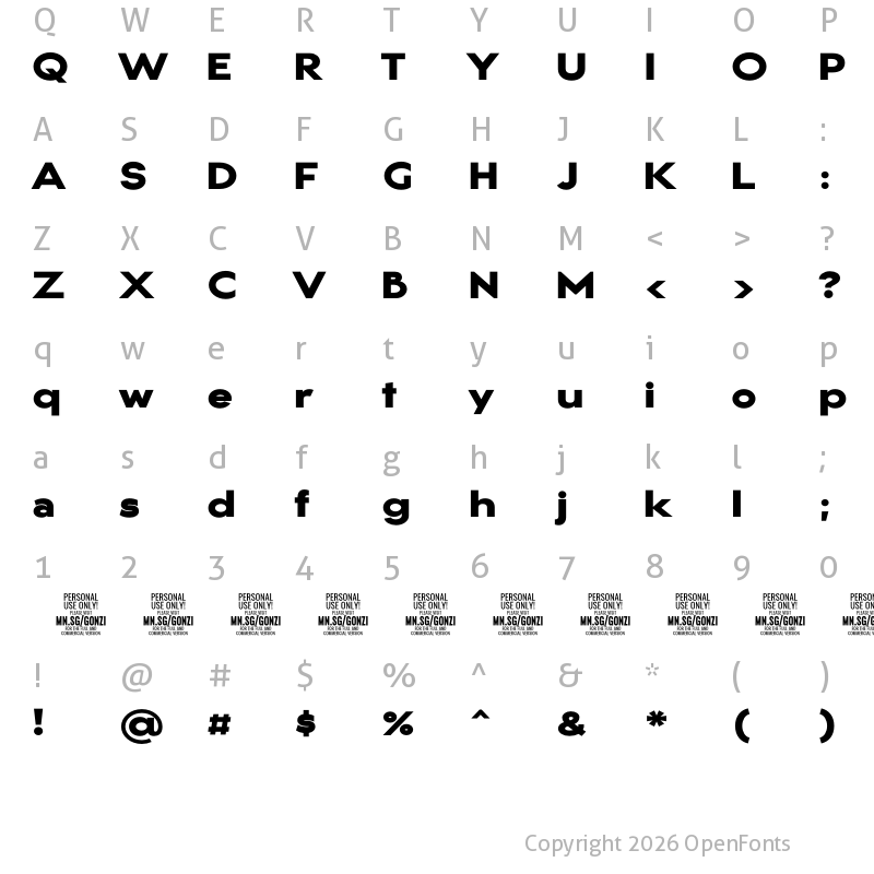 Character Map of Gonzi Expanded PERSONAL USE Black