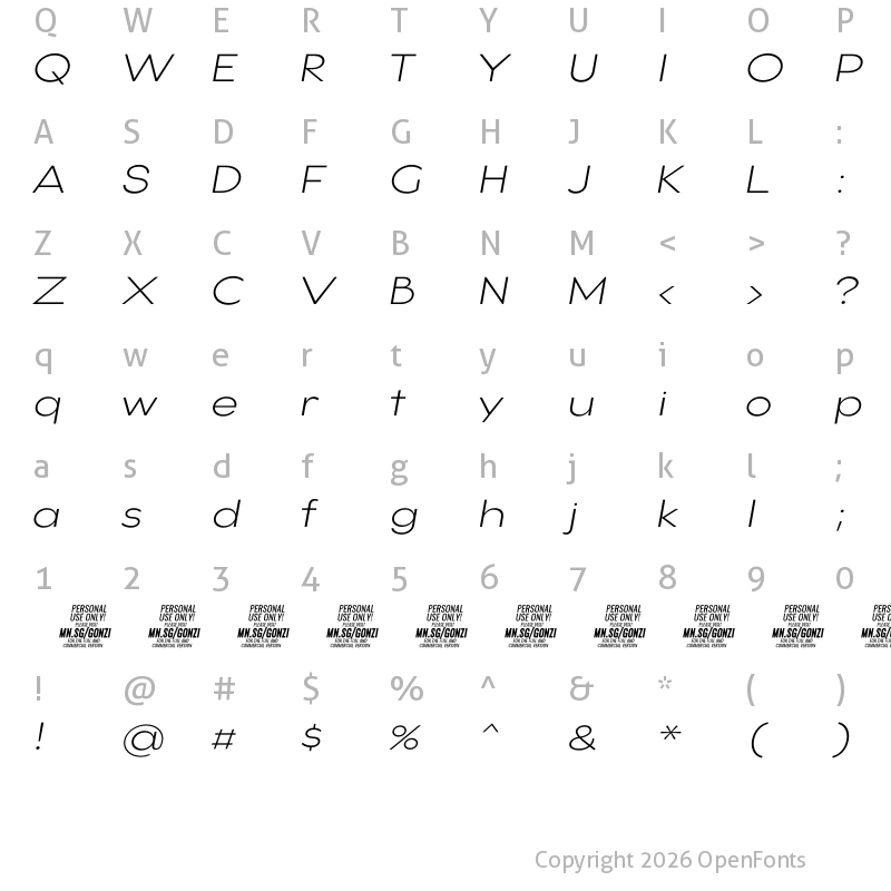 Character Map of Gonzi Expanded PERSONAL USE Light Italic