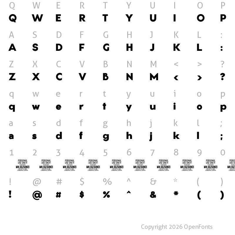 Character Map of Gonzi PERSONAL USE Black