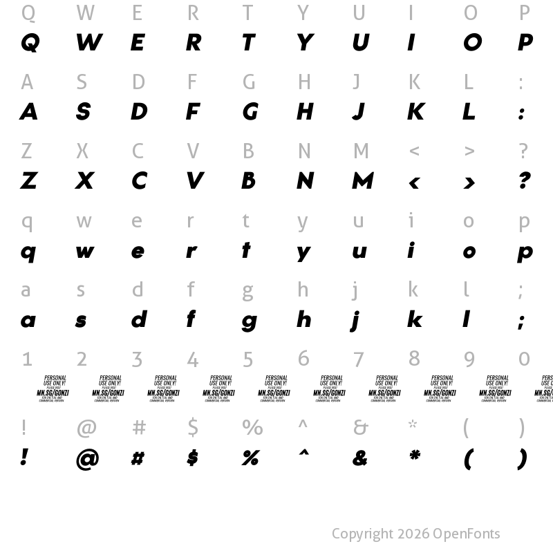 Character Map of Gonzi PERSONAL USE Black Italic