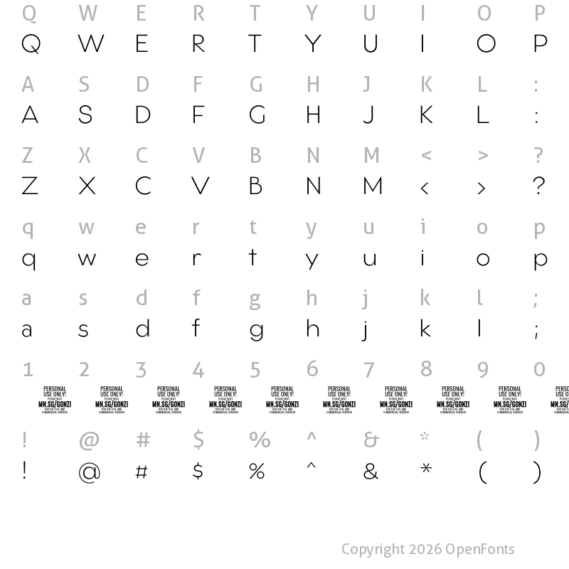Character Map of Gonzi PERSONAL USE Light