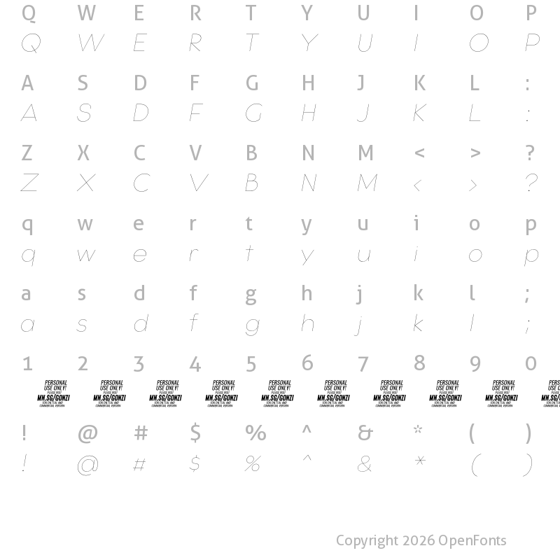 Character Map of Gonzi PERSONAL USE Thin Italic