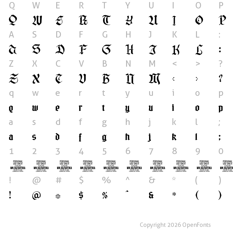 Character Map of Gotika Strict PERSONAL USE Regular