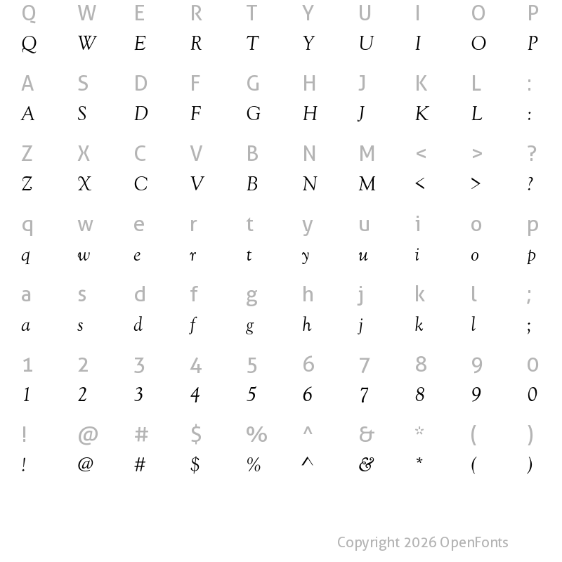 Character Map of Goudy Old Style Regular Italic