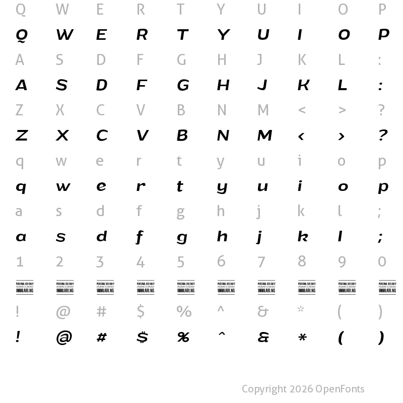 Character Map of Grandi PERSONAL USE Medium Italic