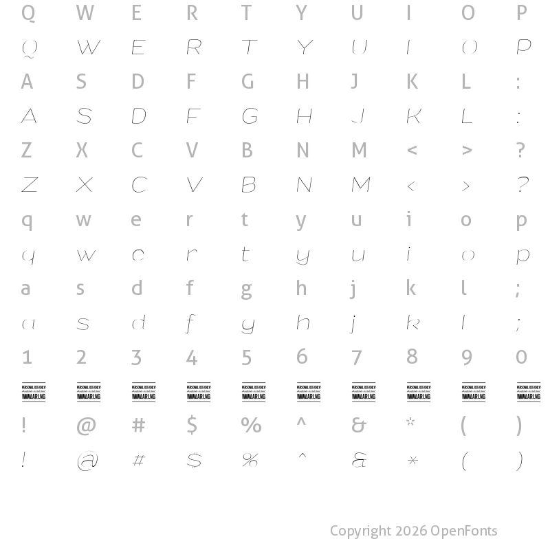 Character Map of Grandi PERSONAL USE Thin Italic