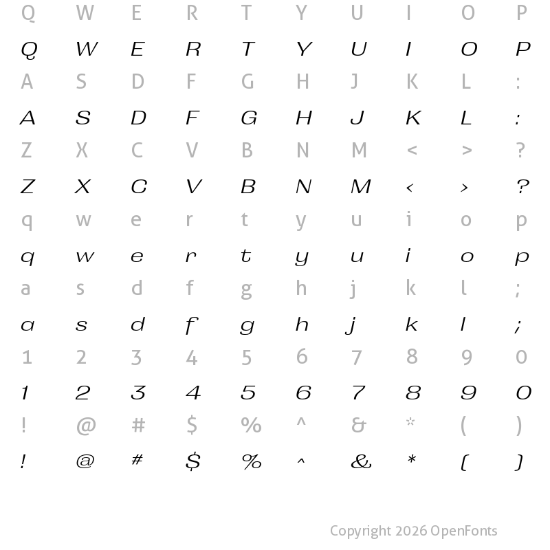 Character Map of Grange Light Extended Italic
