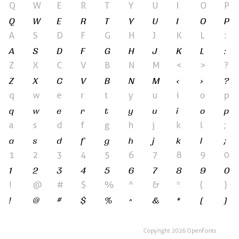 Character Map of Grange Medium Italic