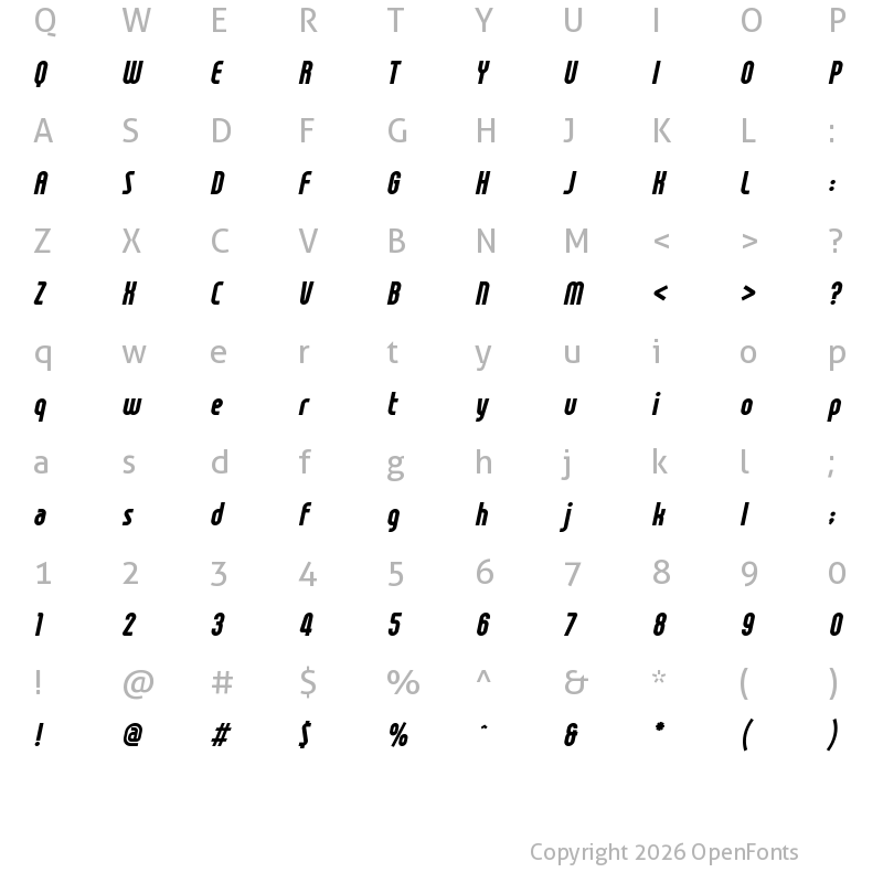 Character Map of Gravitas Bold Italic