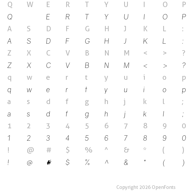 Character Map of Gravity Light Italic