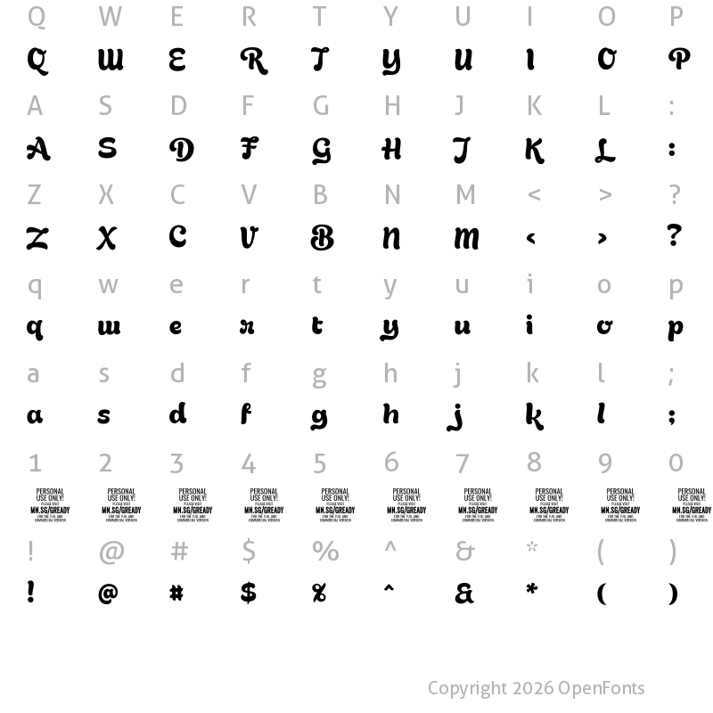 Character Map of Gready PERSONAL USE ONLY Regular