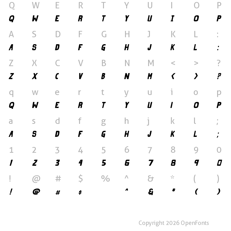 Character Map of Grind Zero Bold Italic