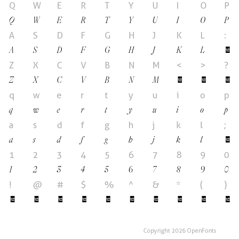 Character Map of GT Alpina Fine Trial Condensed Thin Italic
