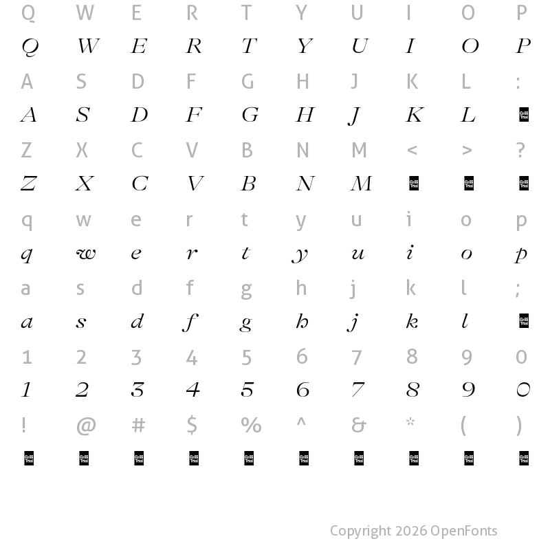 Character Map of GT Alpina Fine Trial Extended Light Italic