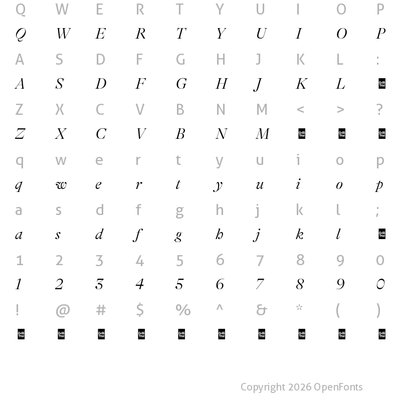 Character Map of GT Alpina Fine Trial Light Italic
