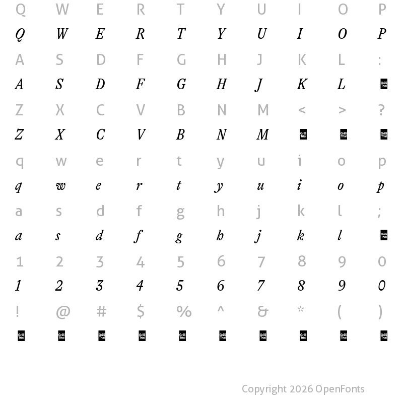 Character Map of GT Alpina Trial Condensed Regular Italic