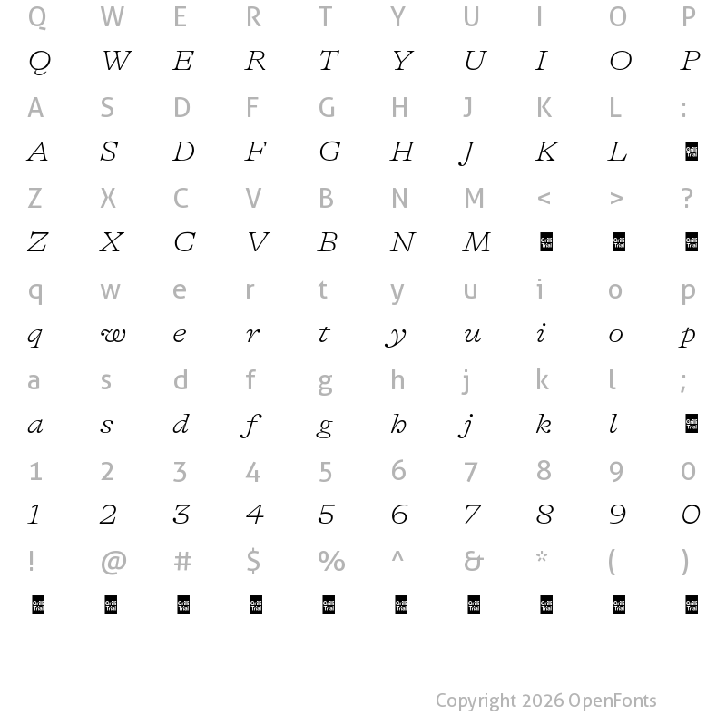 Character Map of GT Alpina Trial Extended Thin Italic