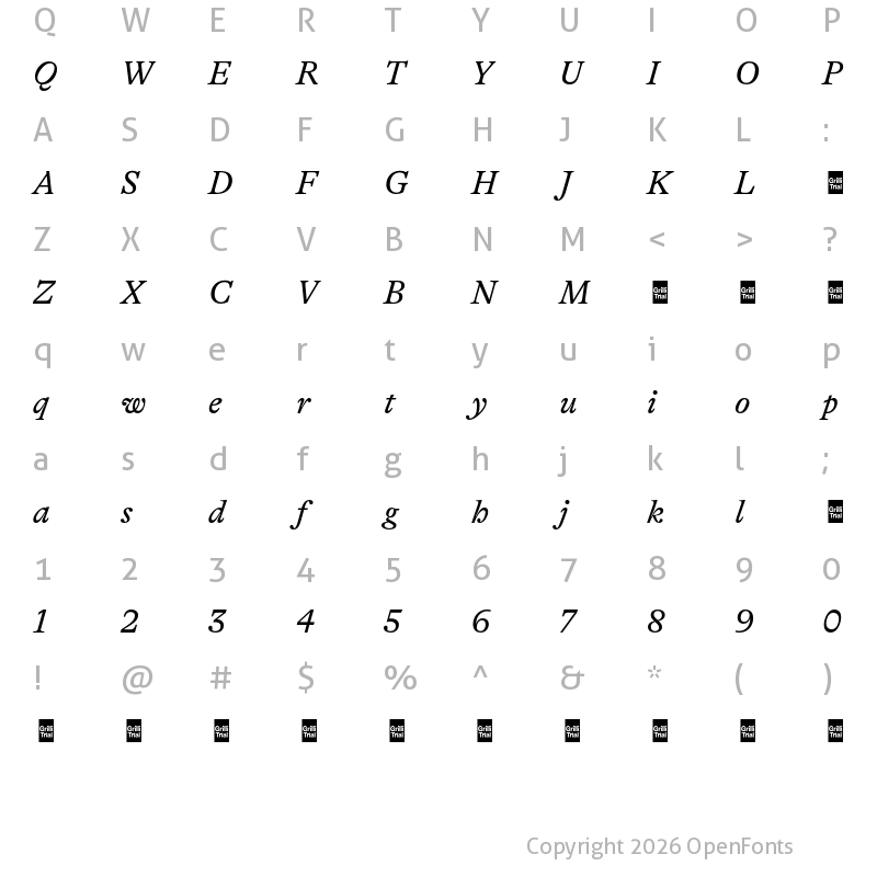 Character Map of GT Alpina Trial Regular Italic