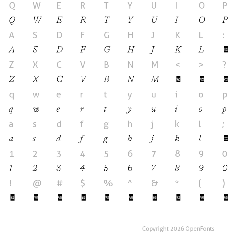Character Map of GT Alpina Trial Thin Italic