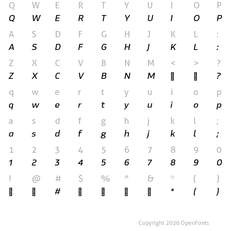 Character Map of Hackman Trial Book Italic