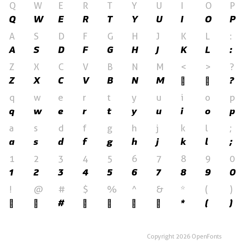 Character Map of Hackman Trial ExtraBold Italic