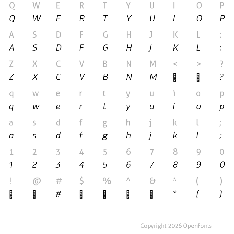 Character Map of Hackman Trial Light Italic