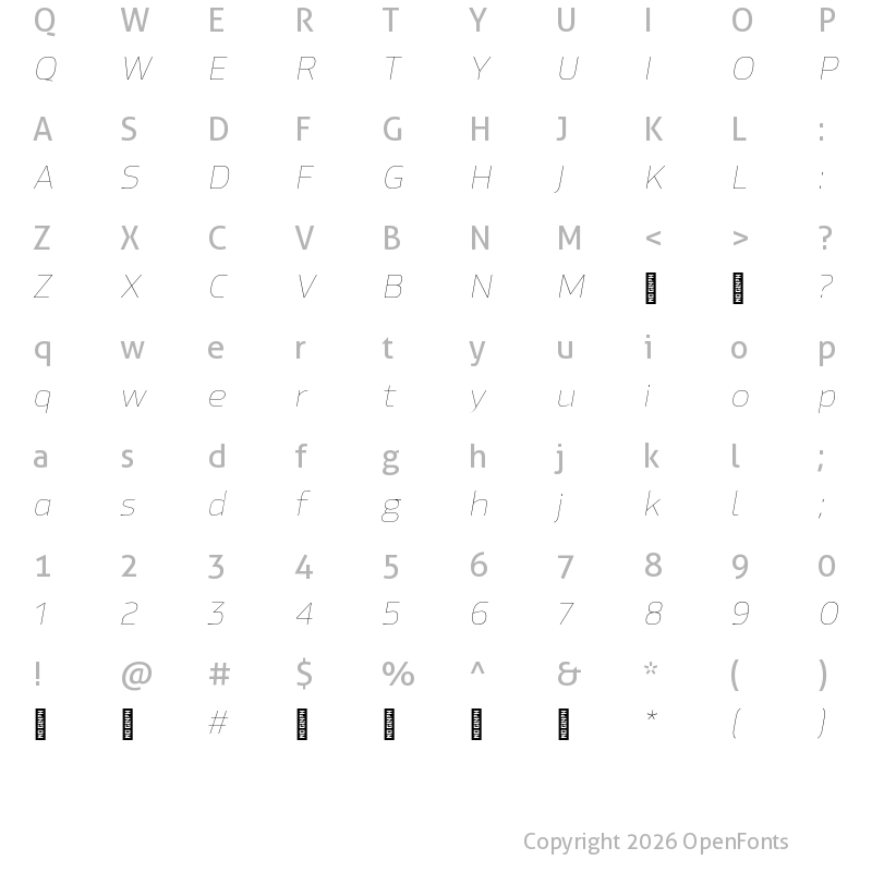 Character Map of Hackman Trial Thin Italic