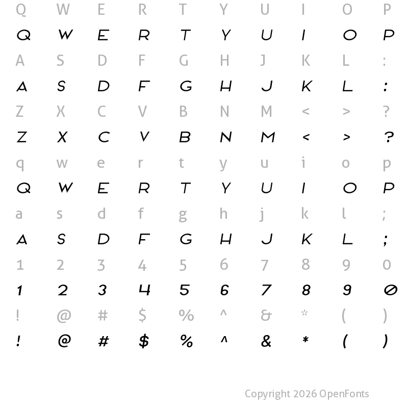 Character Map of Hanover Light Italic