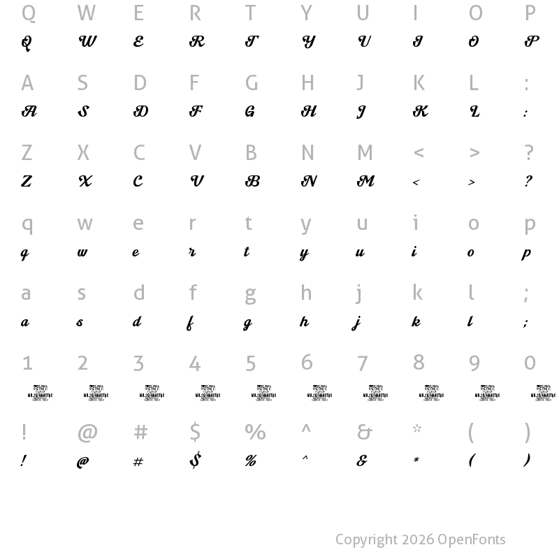 Character Map of Hanstoc Script PERSONAL USE Regular