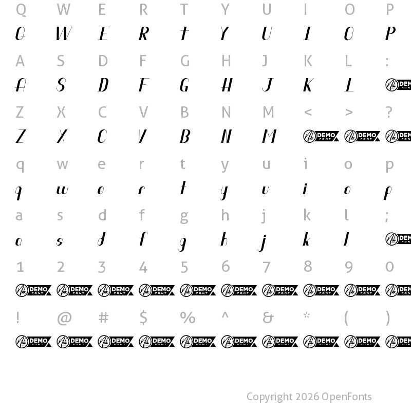 Character Map of Harmonis Demo Italic
