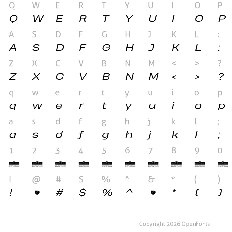 Character Map of Heading Pro Wide Trial Book Italic