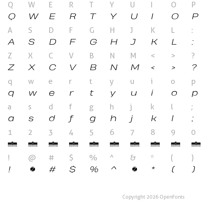 Character Map of Heading Pro Wide Trial Light Italic