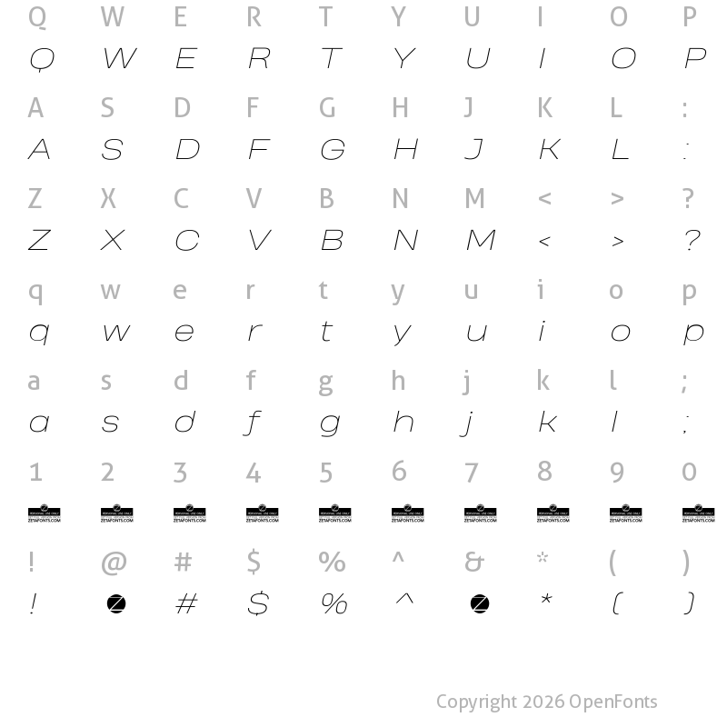 Character Map of Heading Pro Wide Trial Thin Italic