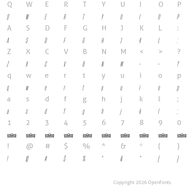 Character Map of HeadingNow Trial 22 Light Italic