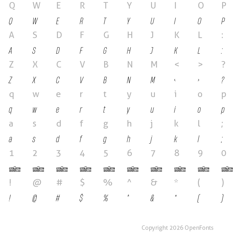 Character Map of HeadingNow Trial 42 Light Italic