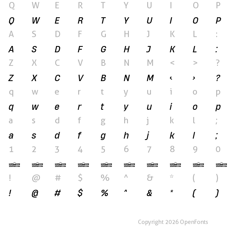 Character Map of HeadingNow Trial 64 Regular Italic